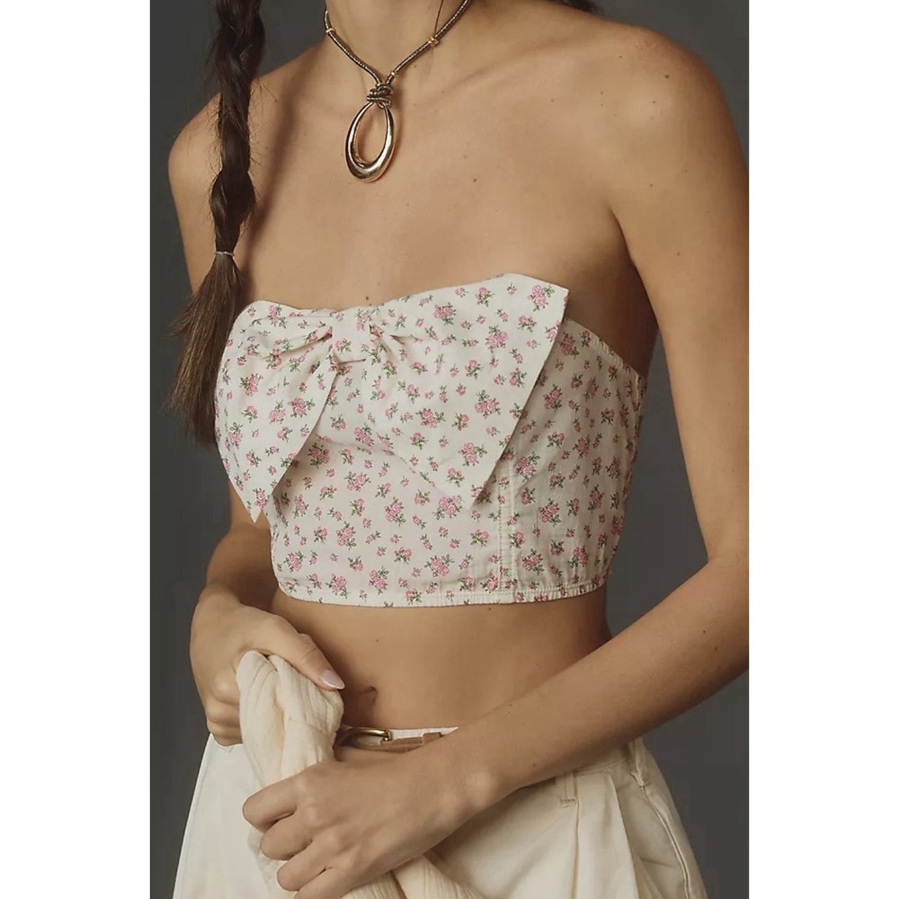 Anthropologie Floral Bow Bustier Top‎ Size Large Strapless Cottagecore NWT